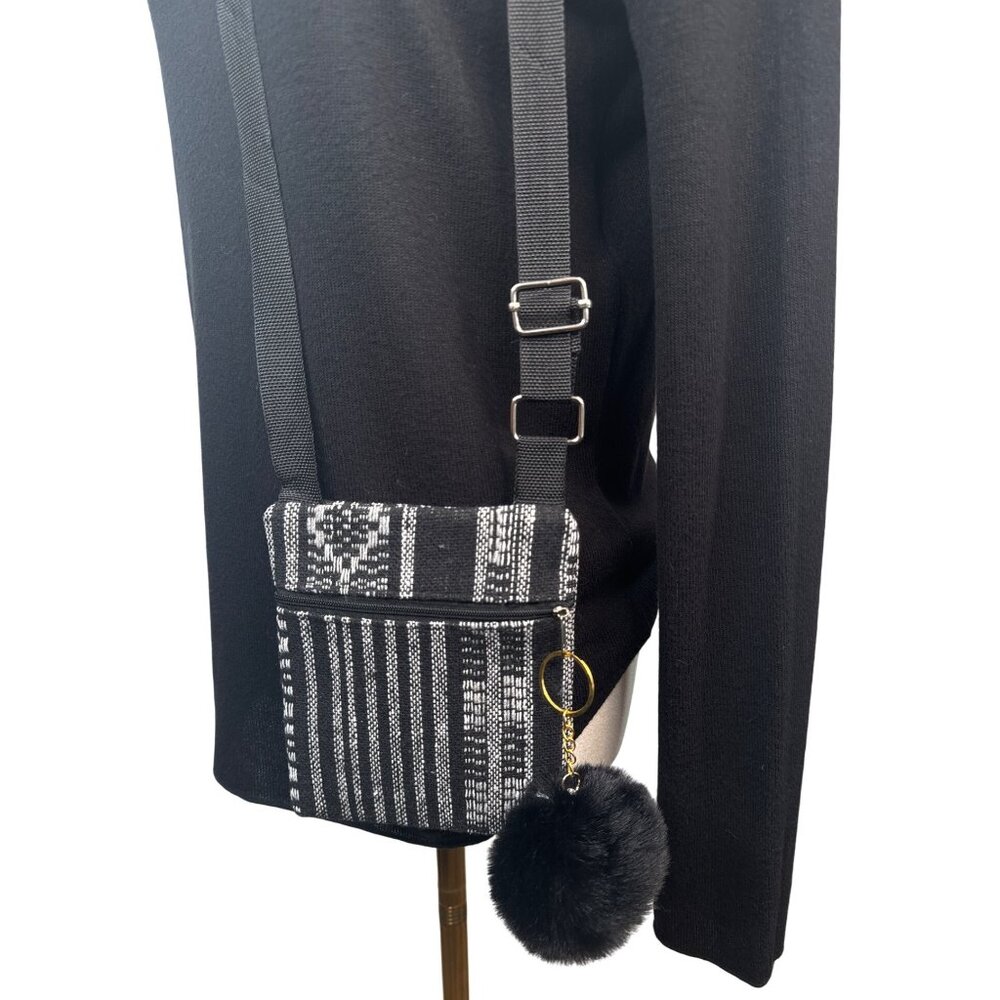 2/$30 Black White Woven Adjustable Crossbody Bag Black Mink Faux Fur Pom Pom NWT